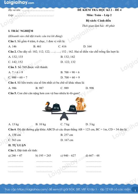 Đề kiểm tra học kì 2 Toán 2 Cánh diều - Đề số 4
